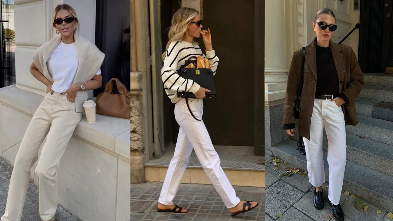 Three outfits featuring light jeans with neutral layers, a patterned sweater, and a brown jacket
